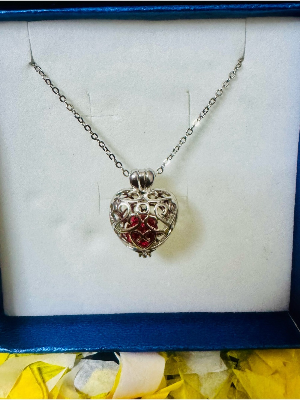 Sterling-Style Filigree Heart Pendant Necklace with Red Insert